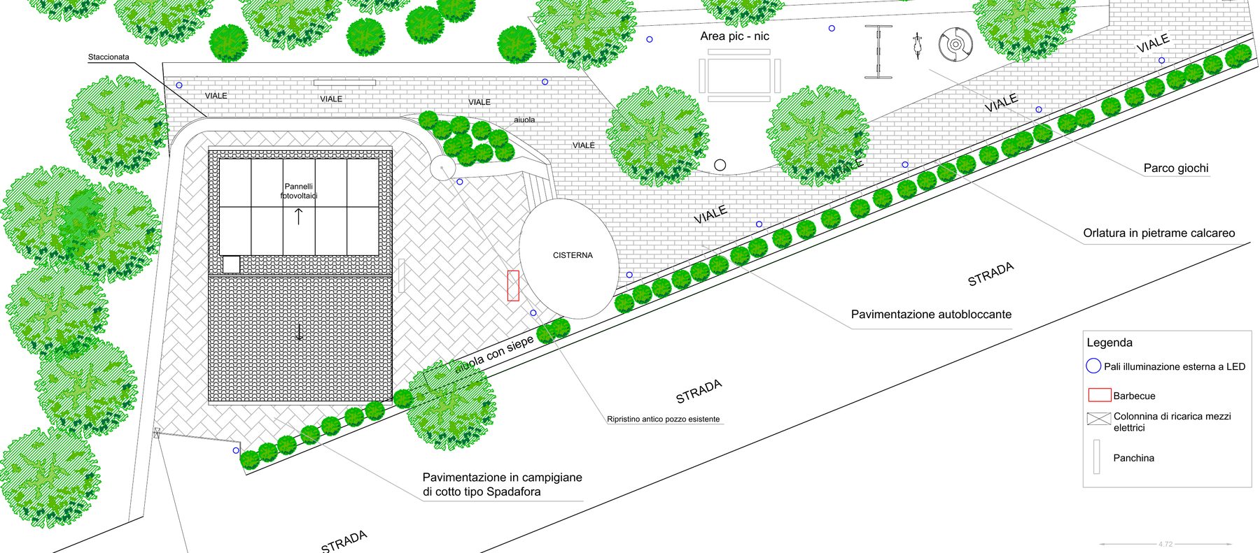 Planimetria dello stato futuro: viali, area pic-nic, parco giochi, ripristino dell’antico pozzo, illuminazione a LED, colonnina di ricarica