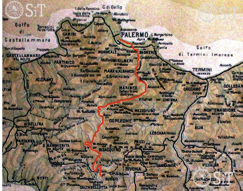 Mappa del tracciato della ferrovia Palermo-Corleone-San Carlo-Burgio
